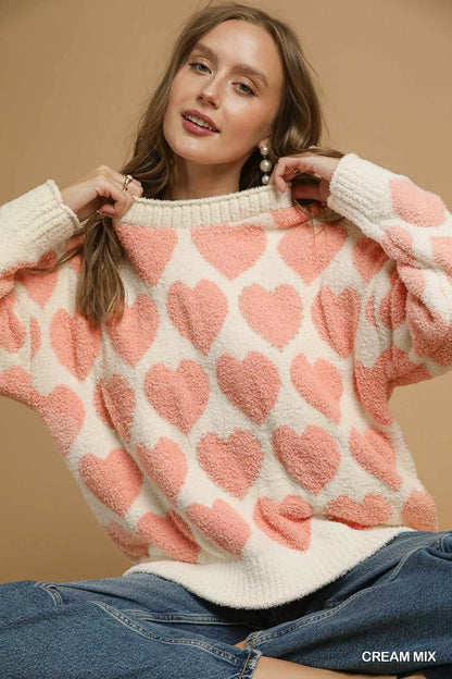 Umgee Mix Heart Pattern Pearl Accent Sweater