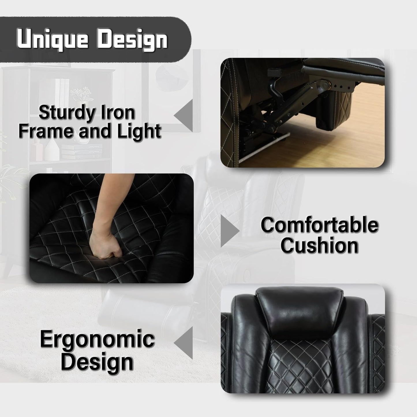 Leather Power Recliner Sofa Set with LED, Living Room Furniture Set, Leather Sofa Set with USB Port Storage Console Cup Holder (Power Reclining Sofa Set, Black)-4