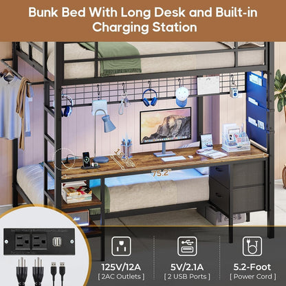 Full over Twin Bunk Bed with Desk and Charging Station Metal Full Size over Twin Loft Bed with Led Lights & Storage Shelves and Drawers for Teen,Safety Guard & Stairs,No Box Spring Needed,Black-4