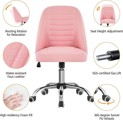 PU Leather Armless Office Chair, Mid Back Desk Chair, Computer Task Chair, Modern Vanity Chair with Rolling Wheels, Metal Base Pink-3