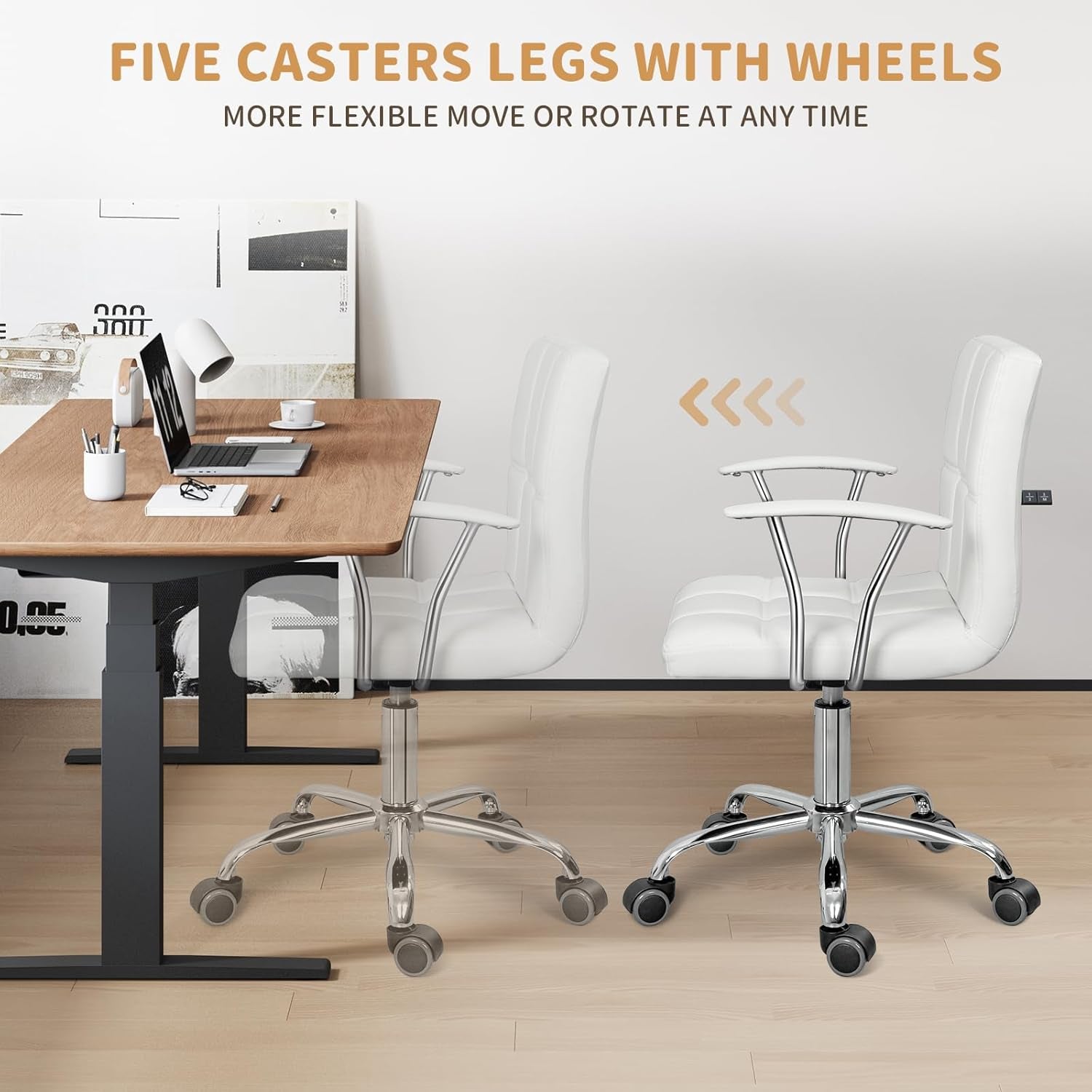 Home Office Desk Chair with Armrest and Wheels, Modern PU Leather Mid-Back Office Task Chair, Height Adjustable Swivel Computer Chairs for Home Office, White-4