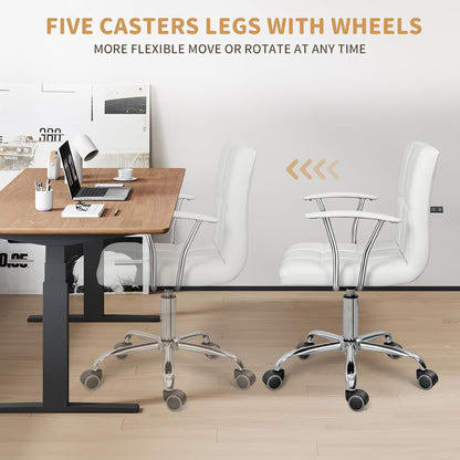 Home Office Desk Chair with Armrest and Wheels, Modern PU Leather Mid-Back Office Task Chair, Height Adjustable Swivel Computer Chairs for Home Office, White-4