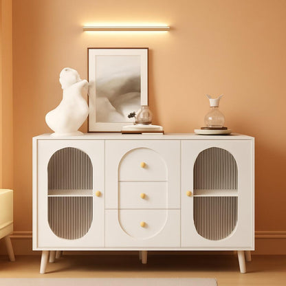 Midcentury White Fluted Glass Buffet Sideboard Cabinet-0