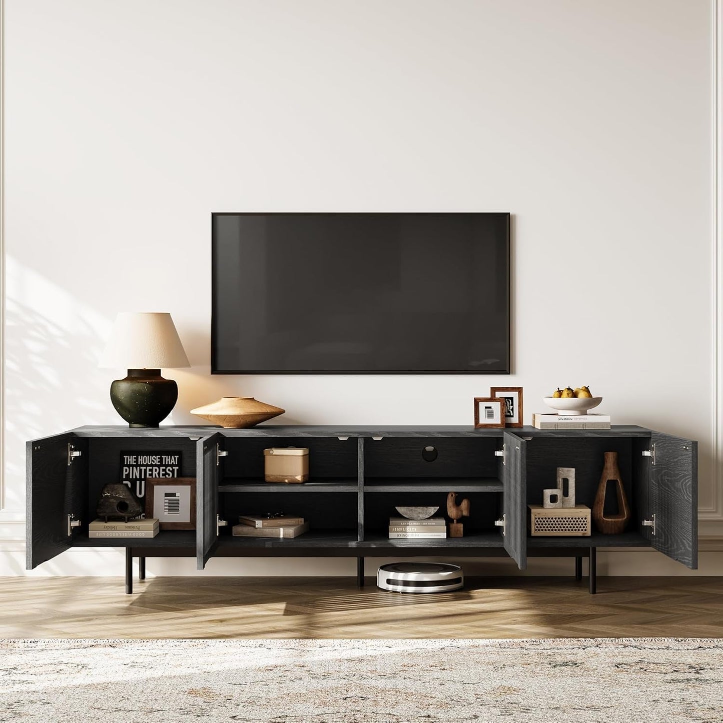 Modern Solid Wood TV Stand, Black Entertainment Center for 70 75 Inch TV, Tall TV Cabinet with Slatted Doors, Tall-Cast Metal Legs, Fully-Assembled, 78"-2