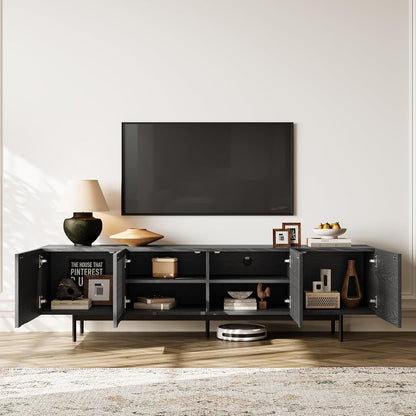 Modern Solid Wood TV Stand, Black Entertainment Center for 70 75 Inch TV, Tall TV Cabinet with Slatted Doors, Tall-Cast Metal Legs, Fully-Assembled, 78"-2