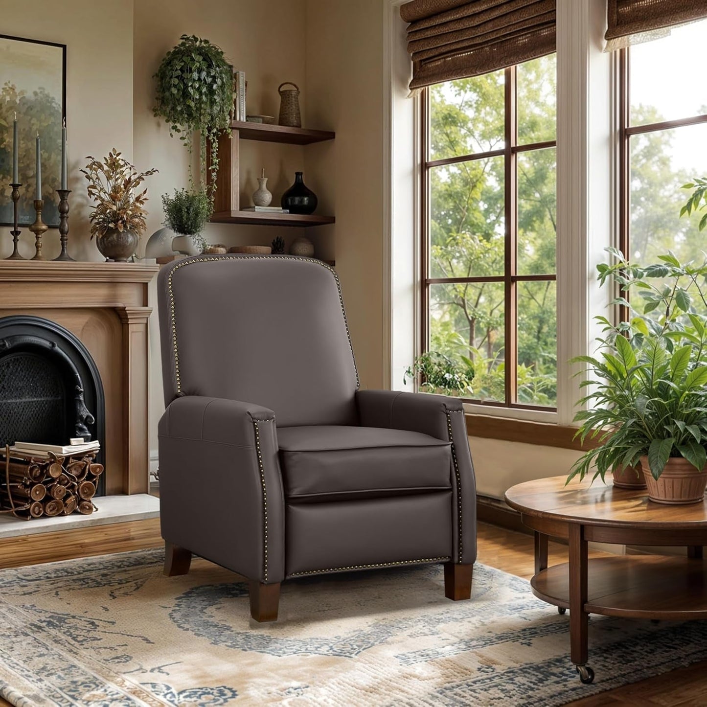 Recliner Chair, Mid-Century Modern Pushback Chair for Bedroom, Adjustable Single Upholstered Sofa with Brass Nailhead Trim, Faux Leather Recliners Armchair for Living Room, Saddle Brown-0
