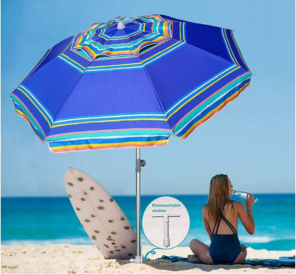 7Ft Heavy Duty High Wind Beach Umbrella Parasols with Sand Anchor & Tilt Sun Shelter, UV 50+ Protection Outdoor Sunshade Umbrellas Carry Bag for Patio Garden Pool Backyard Stripe Blue-1