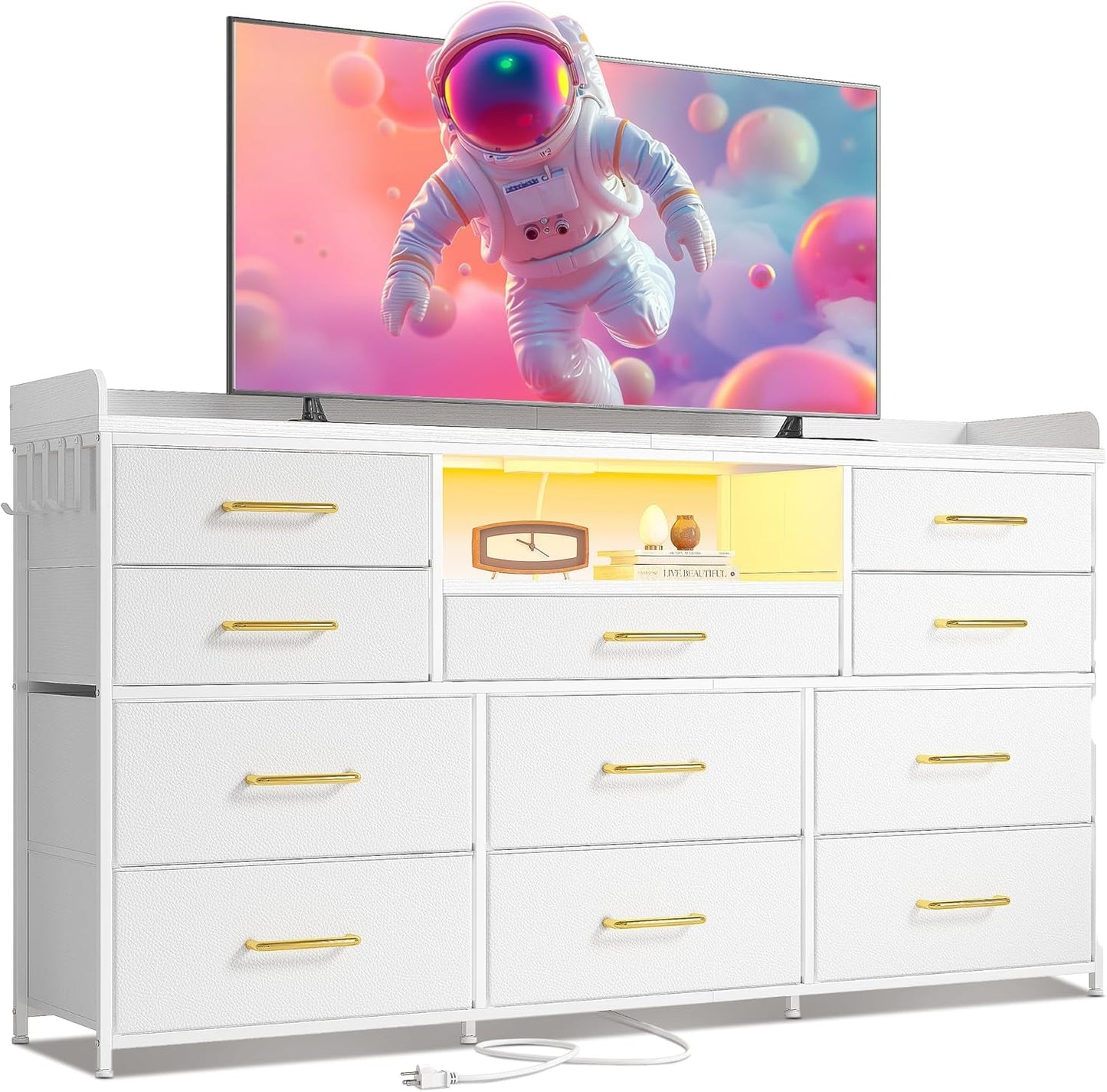 Dresser for Bedroom with 11 Drawers for 60" TV Stand for Bedroom with LED Lights & Charging Station Long Dresser with Shelves & 4 Hooks Sturdy Metal Frame & Fabric Drawers (White)-0