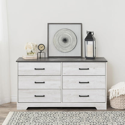 Rustic Ridge Farmhouse 6-Drawer Double Dresser, Washed White Dresser for Bedroom, Chest of Drawers with 6 Storage Drawers, 53.25” Wide X 18.25” Deep X 28.5” Tall, Washed White-1