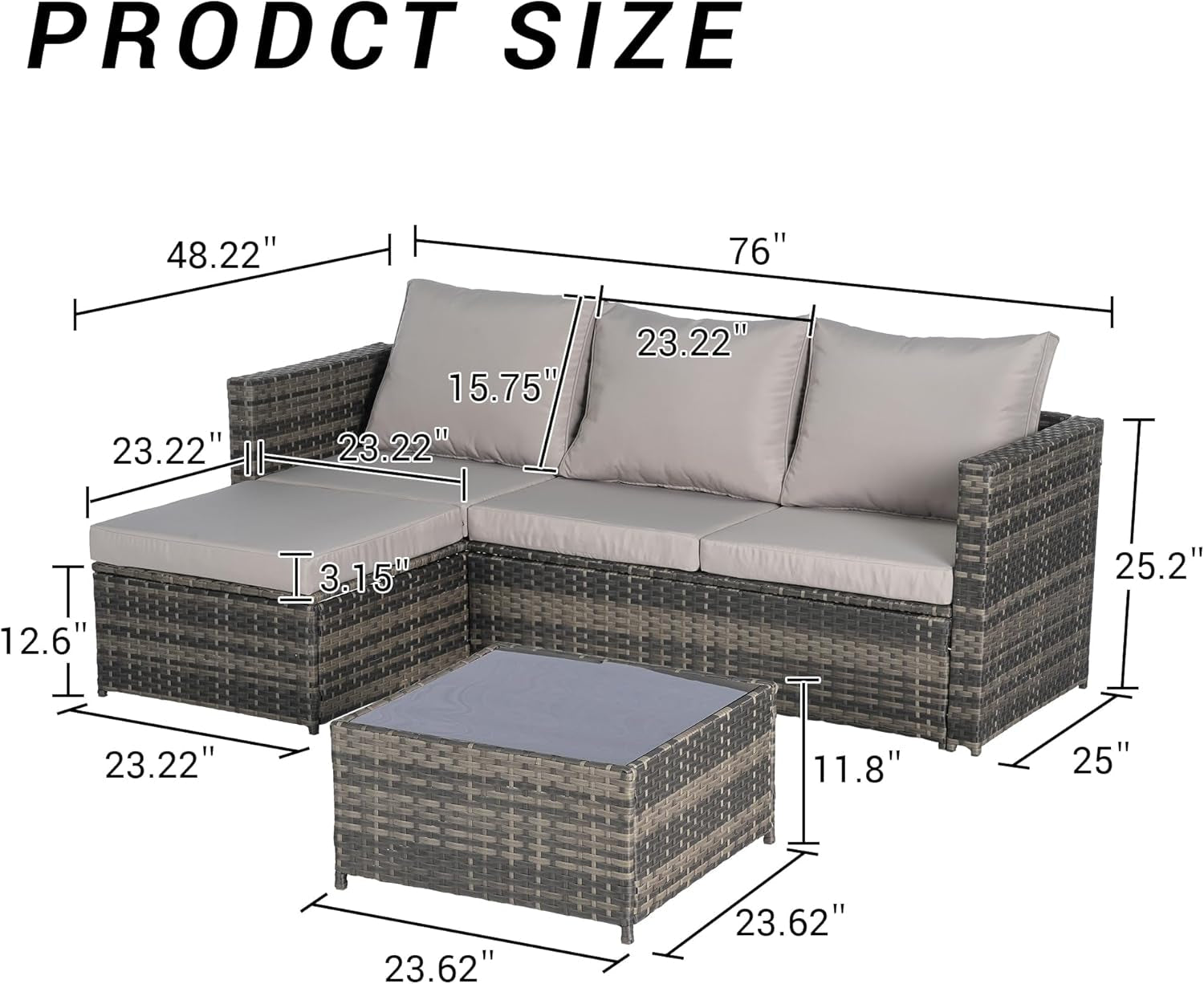 3 Pieces Patio Furniture Set All-Weather Outdoor Wicker Sectional Conversation Sofa Rattan Patio Sofa W/Cushion & Glass Table,Patio Conversation Set,Backyard Furniture for Porch (Light Gray)-1