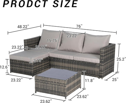 3 Pieces Patio Furniture Set All-Weather Outdoor Wicker Sectional Conversation Sofa Rattan Patio Sofa W/Cushion & Glass Table,Patio Conversation Set,Backyard Furniture for Porch (Light Gray)-1