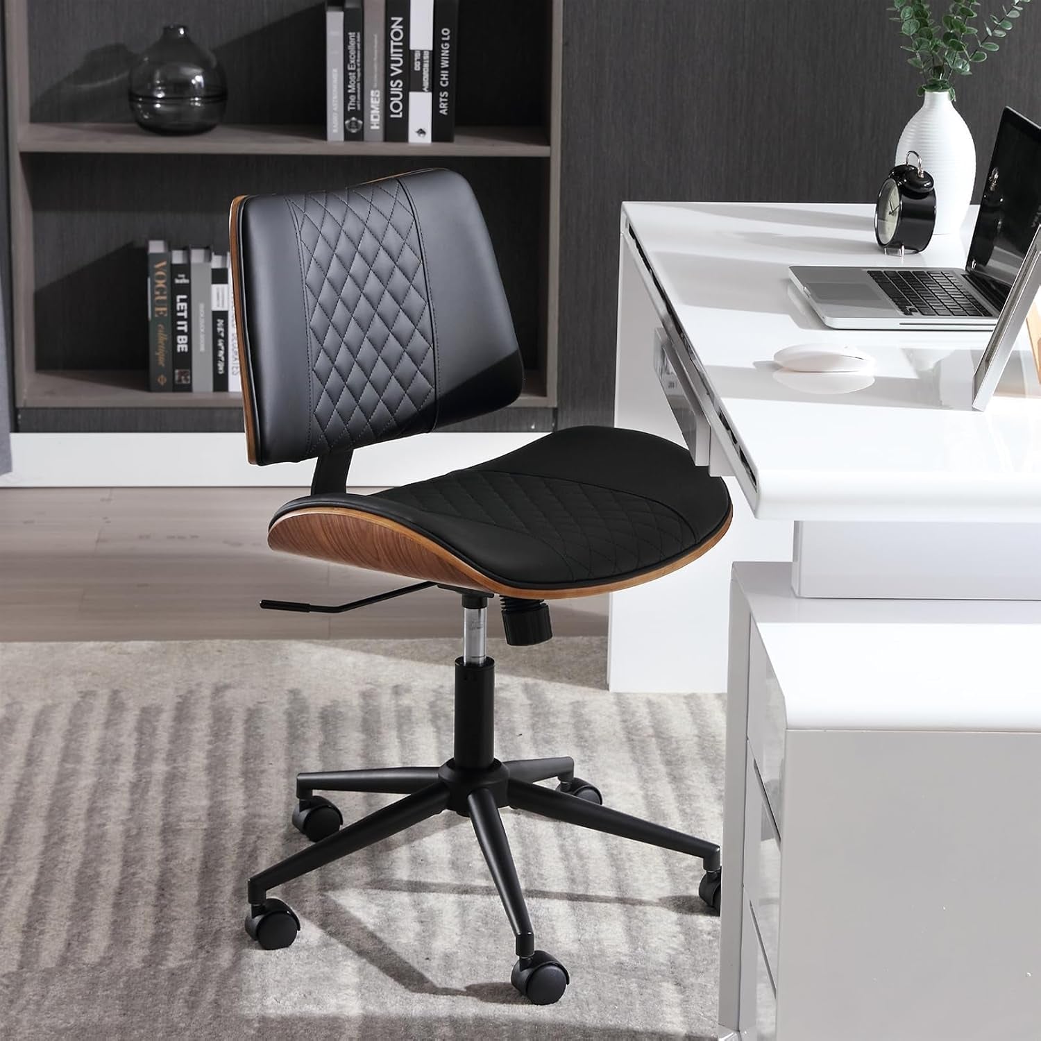 Home Office Chair No Arms with Wheels, Adjustable Height Small Desk Chair, PU Leather Mid Back 360 Swivel Computer Chair, Armless Modern Walnut Chair for Office, Reading Meeting Room(Black)-3