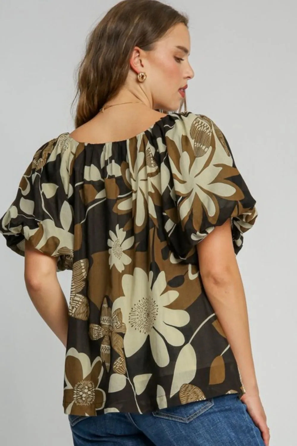 Umgee Full Size Print Round Neck Puff Sleeve Top Plus Size