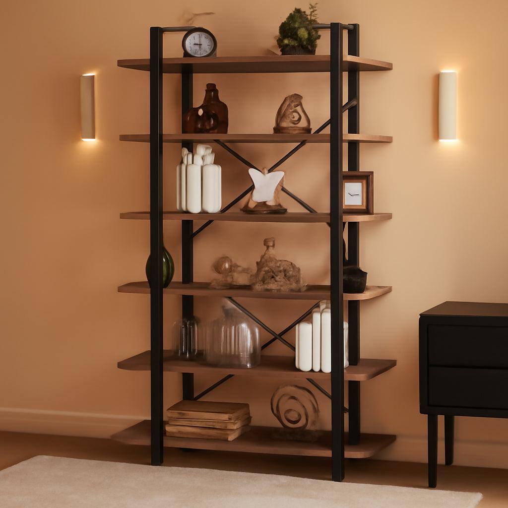 Rustic Oak 6 Tier Tall Bookcase With Metal Frame Display-0