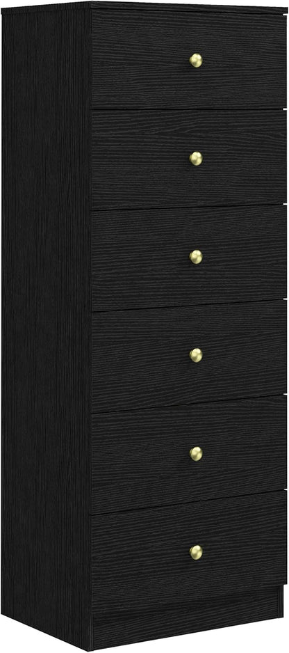 Modern 6 Drawer Vertical Dresser, Wood Tall Chest of Drawers N Arrow Storage Organizer with Wide Drawers & Metal Gold Handles for Bedroom, Living Room, Office, Hallway, Entryway (Black)-0