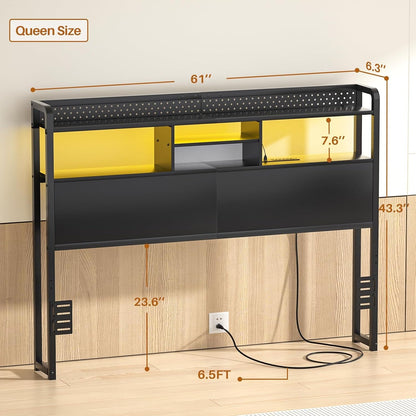 Queen Size Headboard with USB Ports and LED Light-2