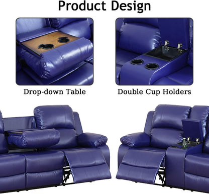 Leather Recliner Sofa Set，Leather Reclining Sofa Set for Living Room Furniture Sets，Dark Blue Recliner Couch Set for Living Room/Office/Theater Seating(Sofa Set 3 Pieces)-2