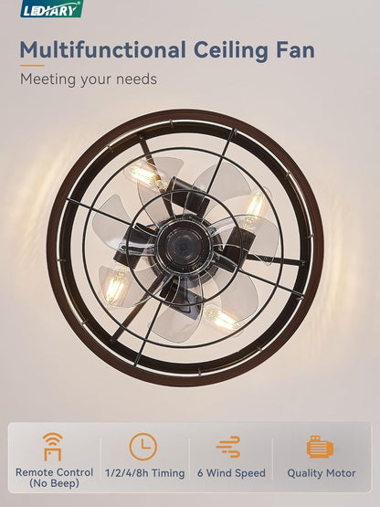 16.5In Caged Ceiling Fan with Light, Bladeless Industrial Ceiling Fan with Remote, Rustic Metal Fan Lights Ceiling Fixtures for Kitchen, Farmhouse, Bedroom（6 Speed,1/2/4/8H Timing）-Walnut-3