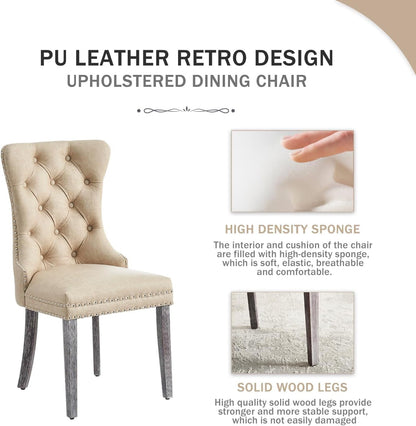 Leather Dining Chairs Set of 4, Upholstered Dining Chair with Nailhead Trim and Solid Wood Legs, Luxury Wingback Dining Side Chair for Living Room, Bedroom, Kitchen (Beige)-2