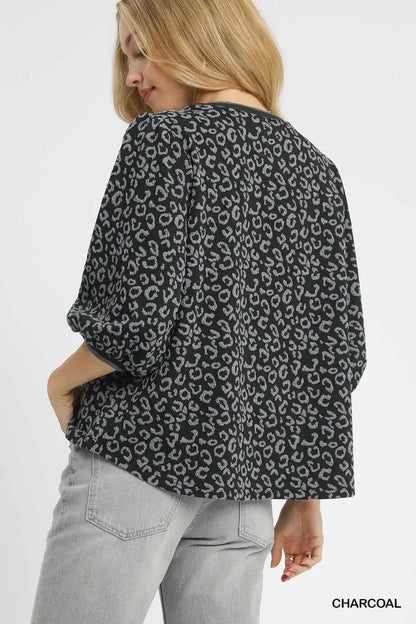 Umgee Leopard Print Jacquard Blouse with Puff Sleeves