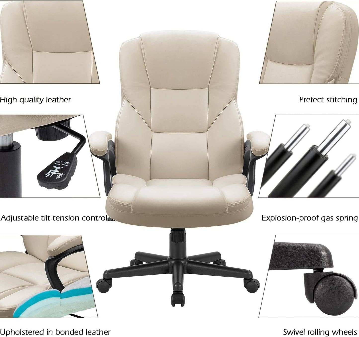 Office Executive Chair High Back Adjustable Managerial Home Desk Chair, Swivel Computer PU Leather Chair with Lumbar Support (Beige)-3