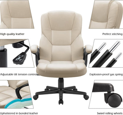 Office Executive Chair High Back Adjustable Managerial Home Desk Chair, Swivel Computer PU Leather Chair with Lumbar Support (Beige)-3