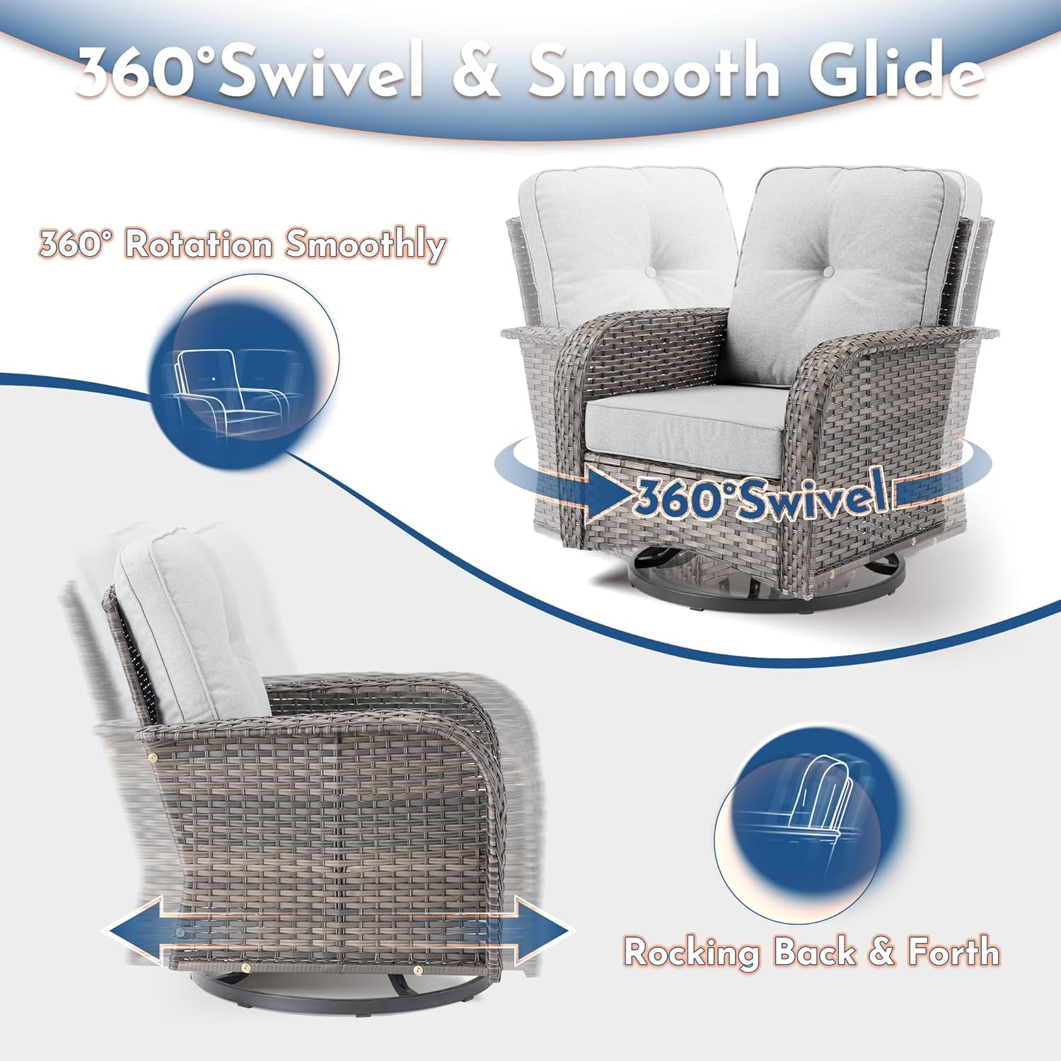 icker Patio Furniture Set with Swivel Rocker Chairs Outdoor Loveseat Sofa and Rattan Coffee Table, 5 Pieces Outdoor Conversation Sets for Patio Porch Deck Backyard Poolside, Light Gray-2