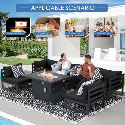® Modern Large Grey Aluminum Outdoor Patio Furniture Set with Fire Pit Table, 29'' Deep Wide Seating Conversation Sofa L Shaped Sectional Couch Set (6 Pieces, 5 Seats)-1