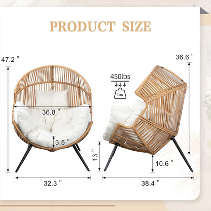 Wicker Egg Chair PE Rattan Chair with Cushion, Oversized Patio Lounge Chair for Outdoor, Indoor, Balcony, Backyard, Garden, Living Room, Beige-1