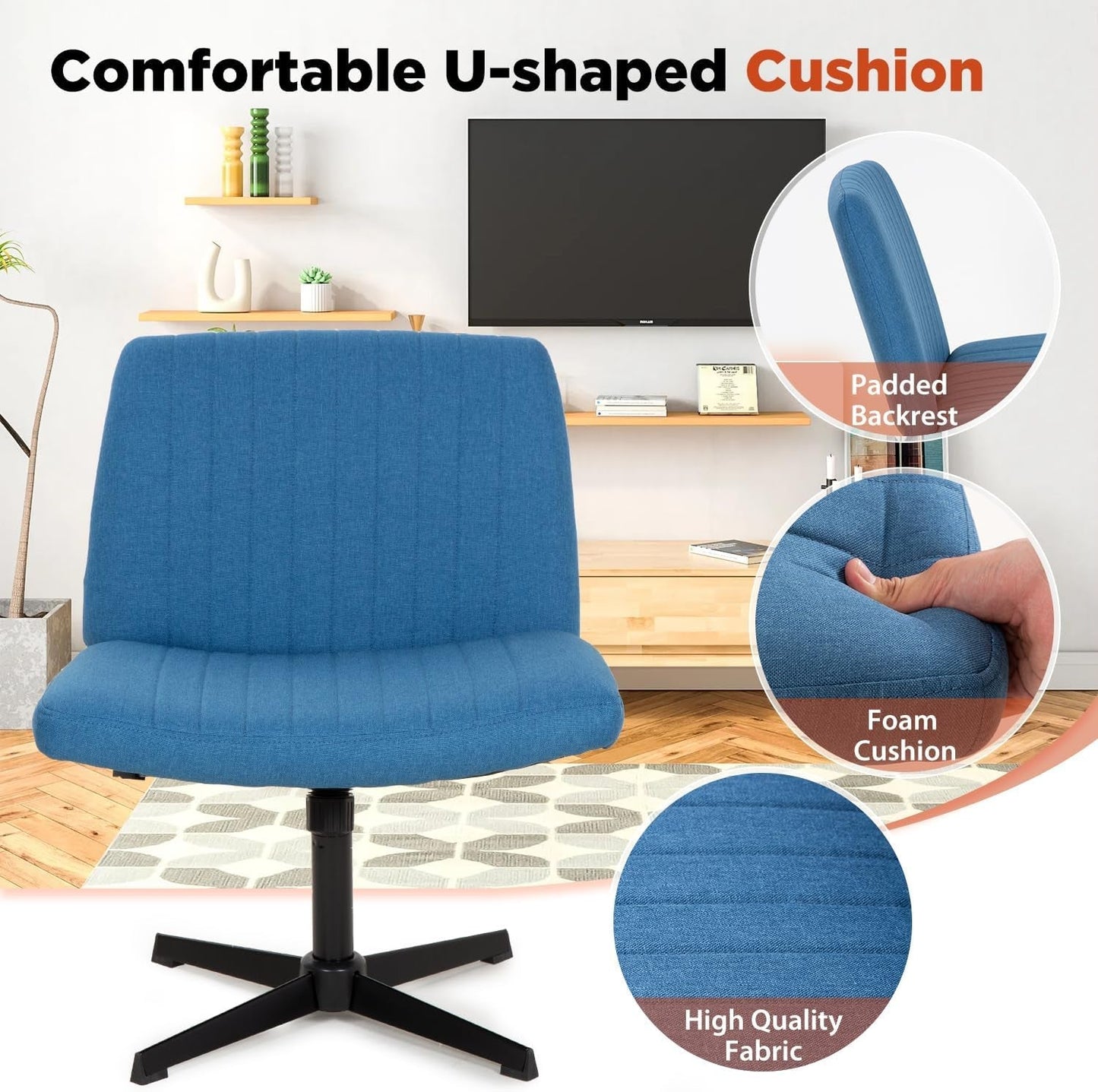 Criss Cross Chair,Armless Cross Legged Office Chair,Wide Comfty Desk Chair with No Wheels Modern Height Adjustable,Swivel Fabric Vanity Chair Computer Task Chair (Pack of 1, Blue)-4