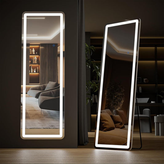 64"X21" Mirror Full Length Standing Mirror with LED Lights, Lighted Floor Mirror with Stand, W/Dimming & 3 Color Lighting, Wall Mirror Full Length Aluminum Alloy Thin Frame, White-0