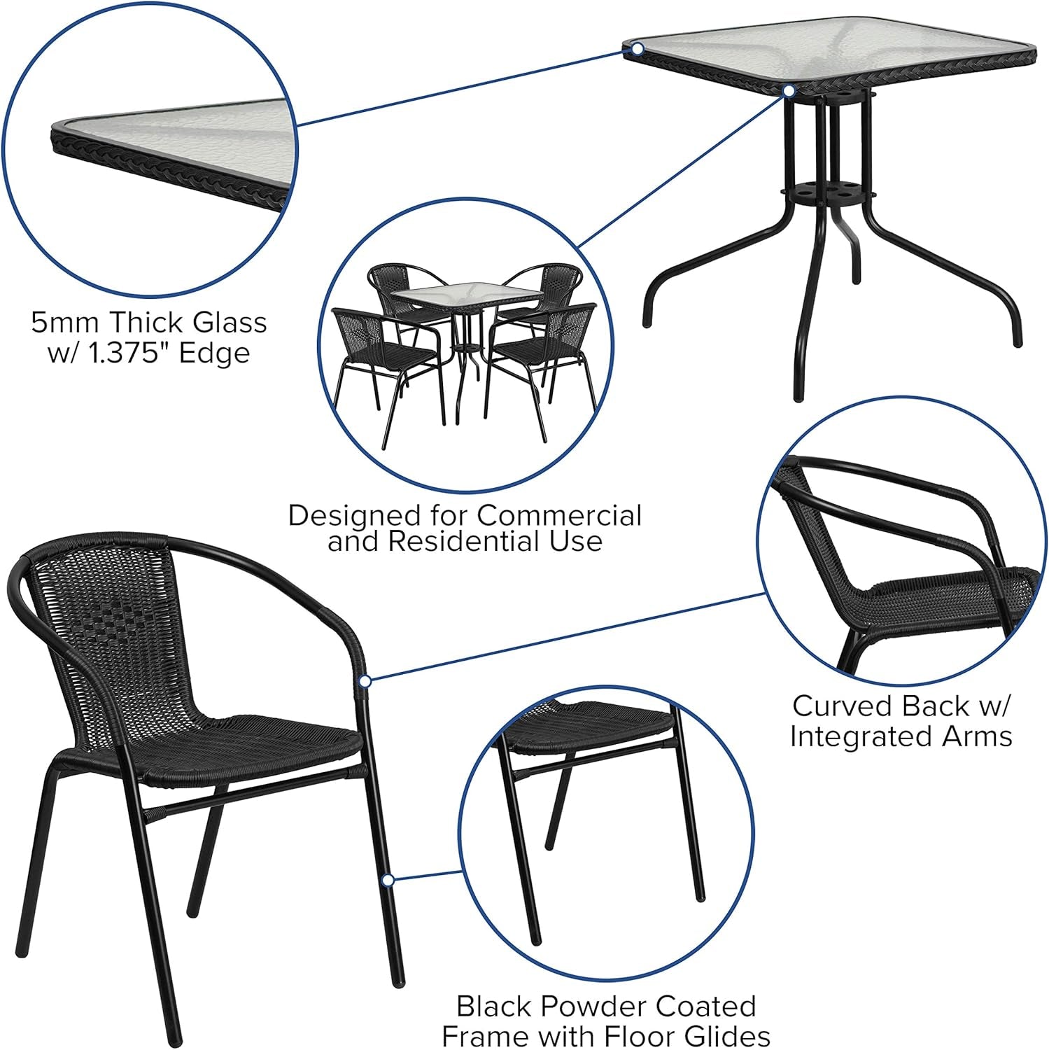 5-Piece 28" Square Indoor/Outdoor Patio Table and Chairs Set, Dining Set with Glass Metal Bistro Table, 4 Stack Rattan Chairs, Black-3