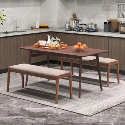 45 Inch Farmhouse Backless Bench with Rubber Wood Legs and Fabric Padded Seat-Beige - Color:Beige - Shoe Racks &