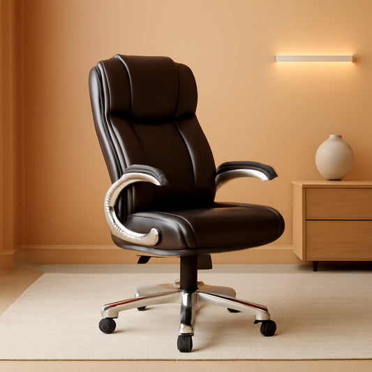 Two Brown Leather Executive Chairs, Adjustable, Rolling-0