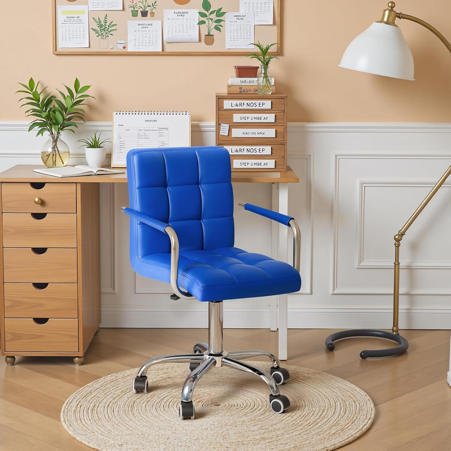 Mid-Back Office Task Chair Ribbed PU Leather Executive Chair Modern Adjustable Home Desk Chair Retro Comfortable Work Chair 360 Degree Swivel with Arms (Blue)-1