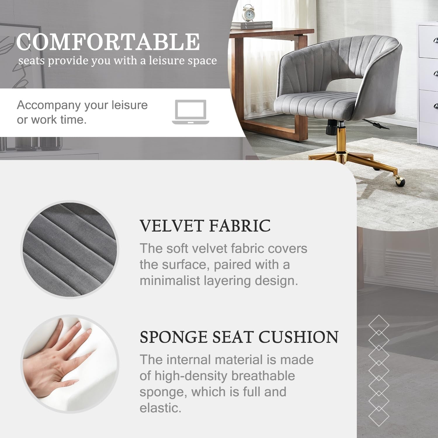 Home Office Chair Swivel Velvet Desk Chair, Vanity Chair with 360 Swivel Armchair and Gold Base,For Living Room, Bedroom, Vanity, Study (Grey)-3