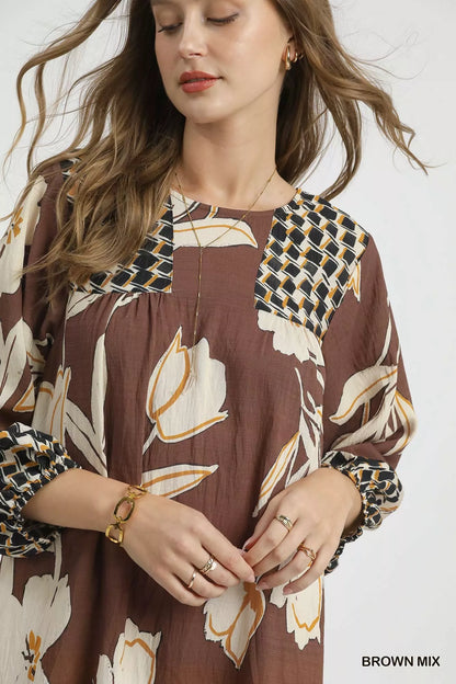 Umgee Apparel, Brown Floral High-Low, Babydoll Day Dress SM/MED/LG
