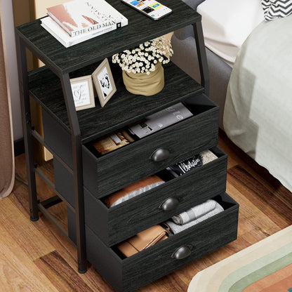 Black Night Stand, Small Dresser for Bedroom, Nightstand with 3 Fabric Storage Drawers and 2-Tier Shelf, End Table Side Furniture for Closet, Hallway, Nursery, Sturdy Steel Frame, Wood Top-3