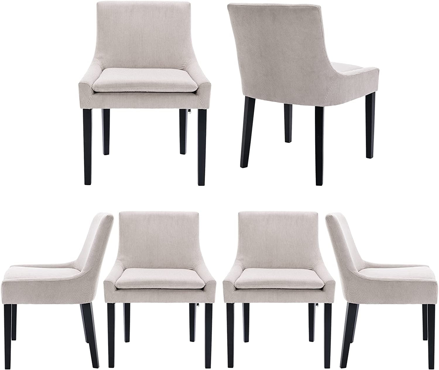 Set of 6 Beige Corduroy Dining Chairs with Wood Legs-0
