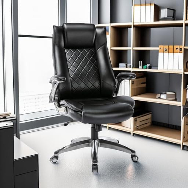 Executive Office Chair-Ergonomic Computer Desk Chair, High Back Leather Chair with Padded Flip-Up Arms, Swivel Home Office Chair Upgraded Caster-Black-1
