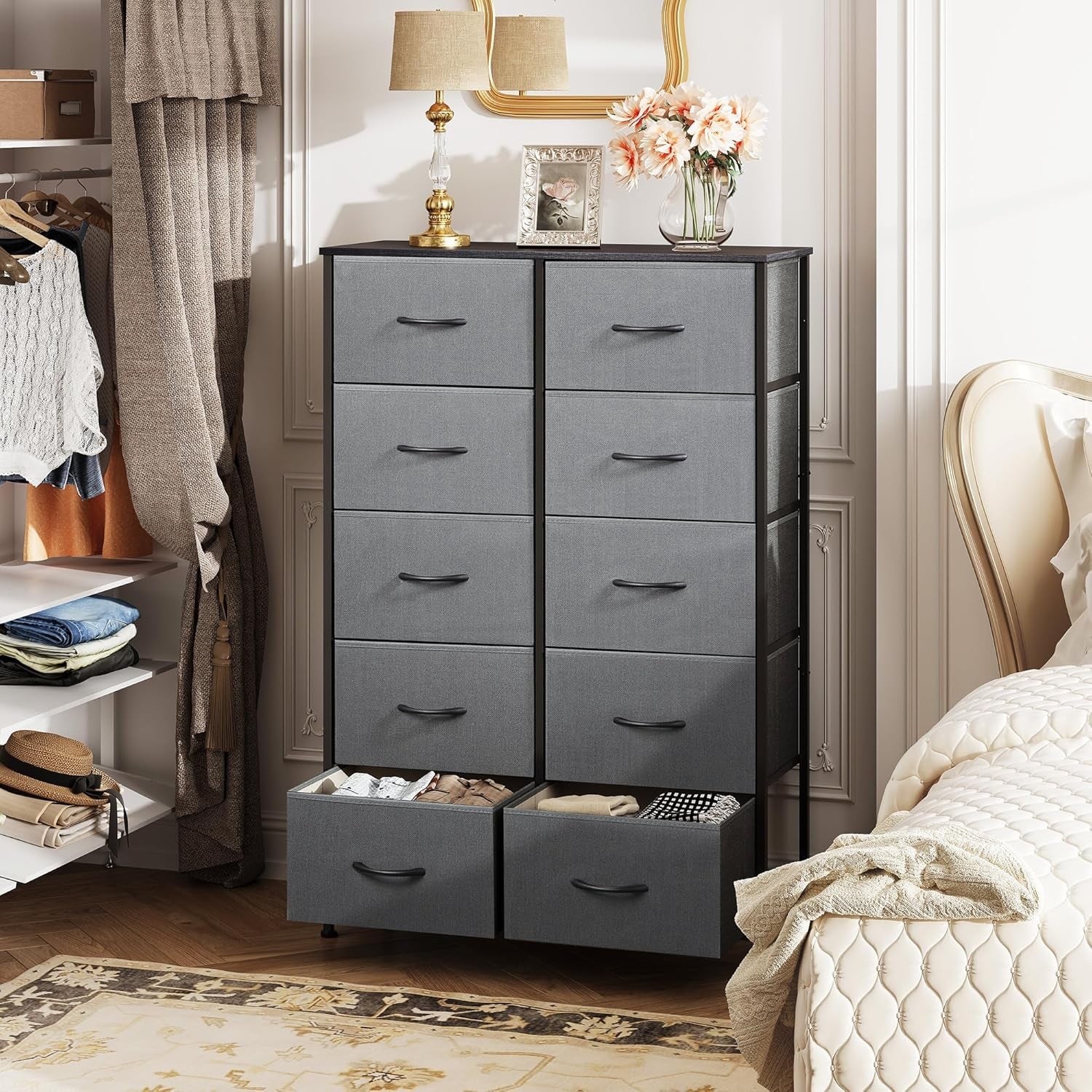 Tall Dresser for Bedroom with 10 Fabric Drawers, Organizer Units for Living Room, Clothing, Closet, Storage Tower with Cabinet, Metal Frame, Wooden Top, Furniture, Dark Grey-3