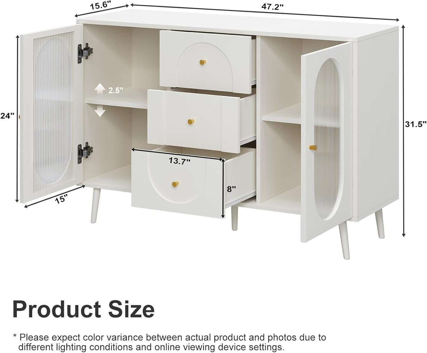 Midcentury White Fluted Glass Buffet Sideboard Cabinet-1