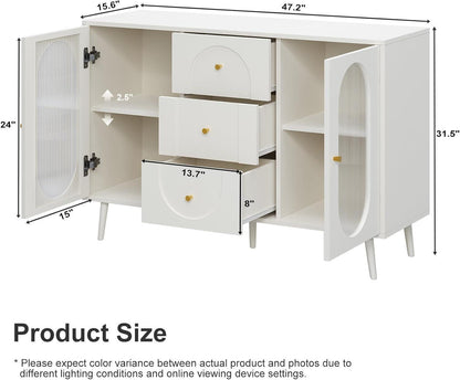 Midcentury White Fluted Glass Buffet Sideboard Cabinet-1