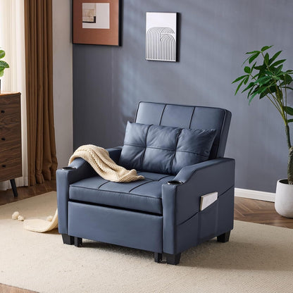 Sofa Bed Chair Recliner, 3-In-1 Convertible Sleeper Sofa Chair Bed Blue Daybed Pull Out Couch Bed with Adjustable Backrest, USB Ports, Cup Holders for Small Spaces Living Room-2