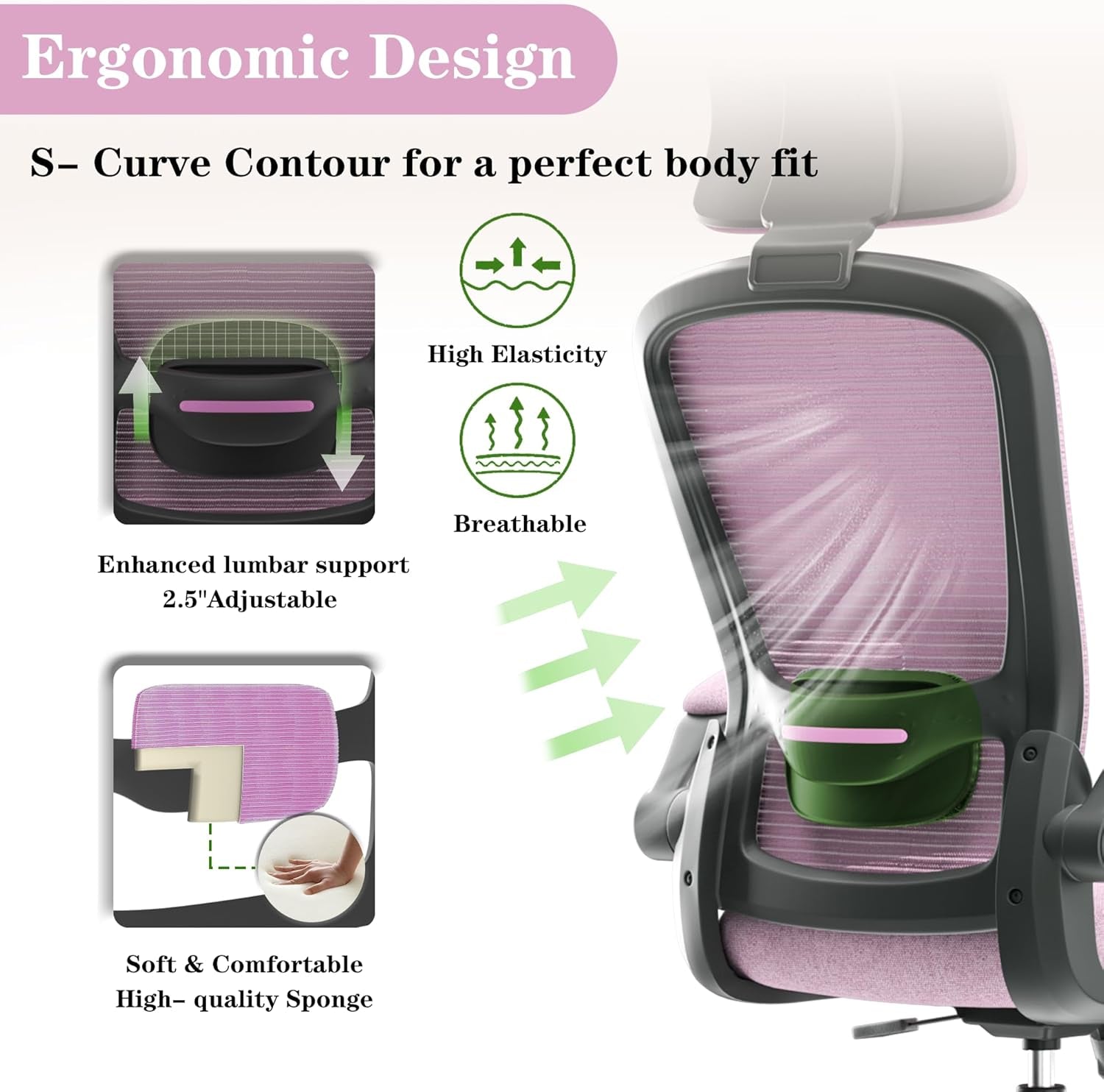 Ergonomic Mesh Office Chair, High Back Computer Desk Chair with Adjustable Lumbar Support & Headrest, Swivel Task Chair with Flip-Up Armrests for Home & Office (English, Light Purple)-2