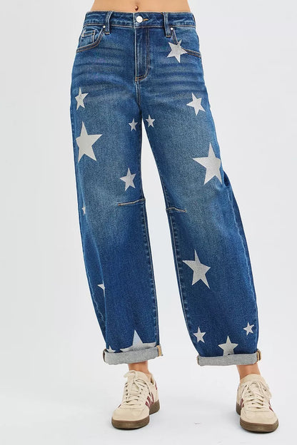 RISEN Mid Rise Ankle Length Relaxed Barrel Star Printed Jeans