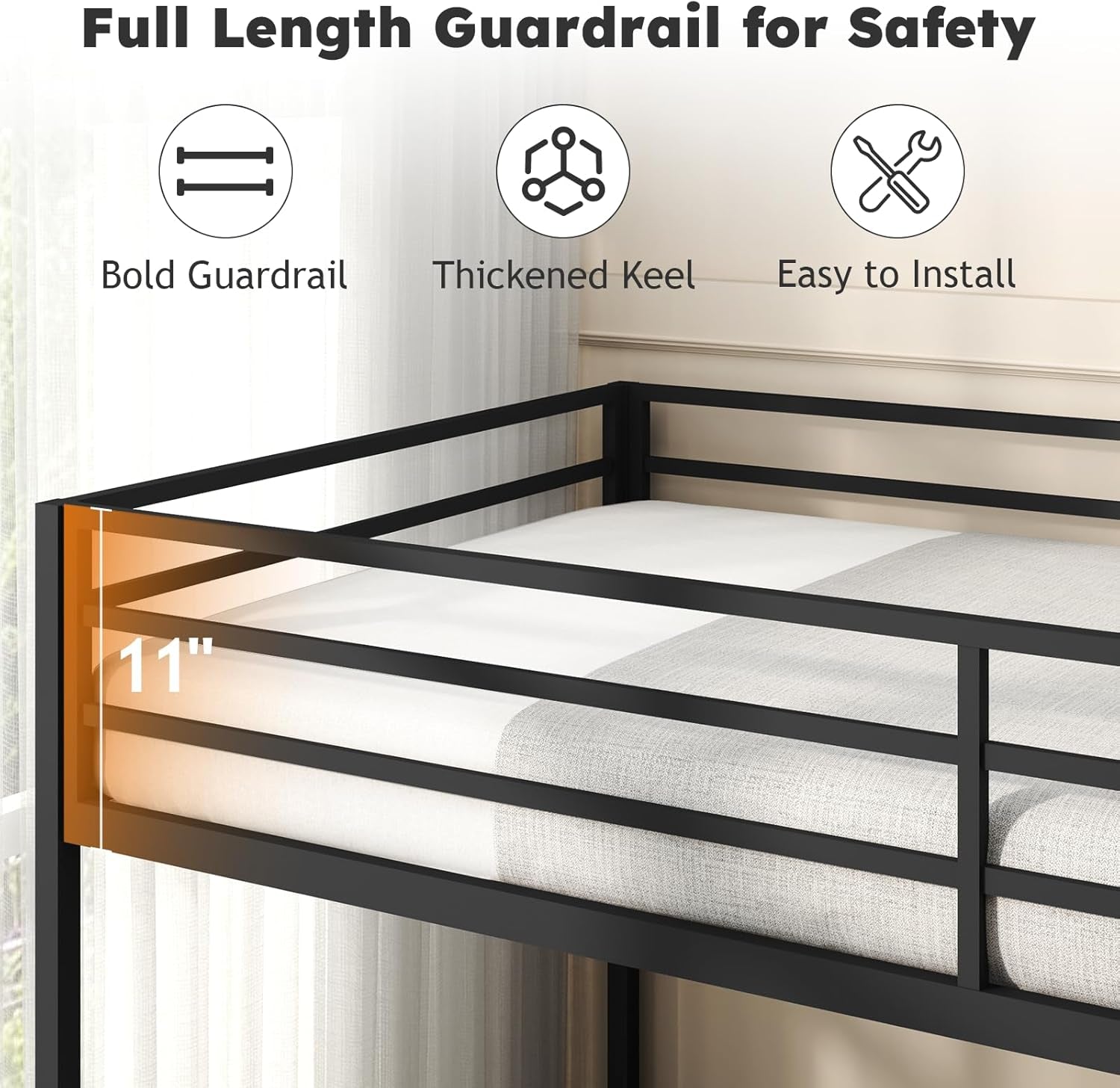 Twin over Twin Bunk Bed, Metal Low Profile Bunkbeds with Full-Length Guardrail and Ladder, Space Saving, No Boxing Spring Needed, Black-2