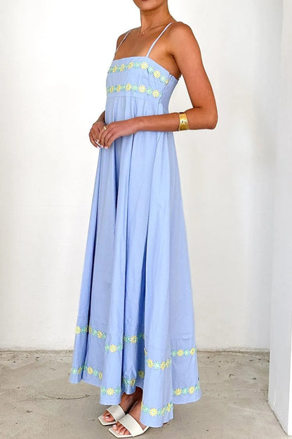 Floral Embroidered Spaghetti Strap Maxi Dress, Blue, Pink or Yellow  SM/MED/LG