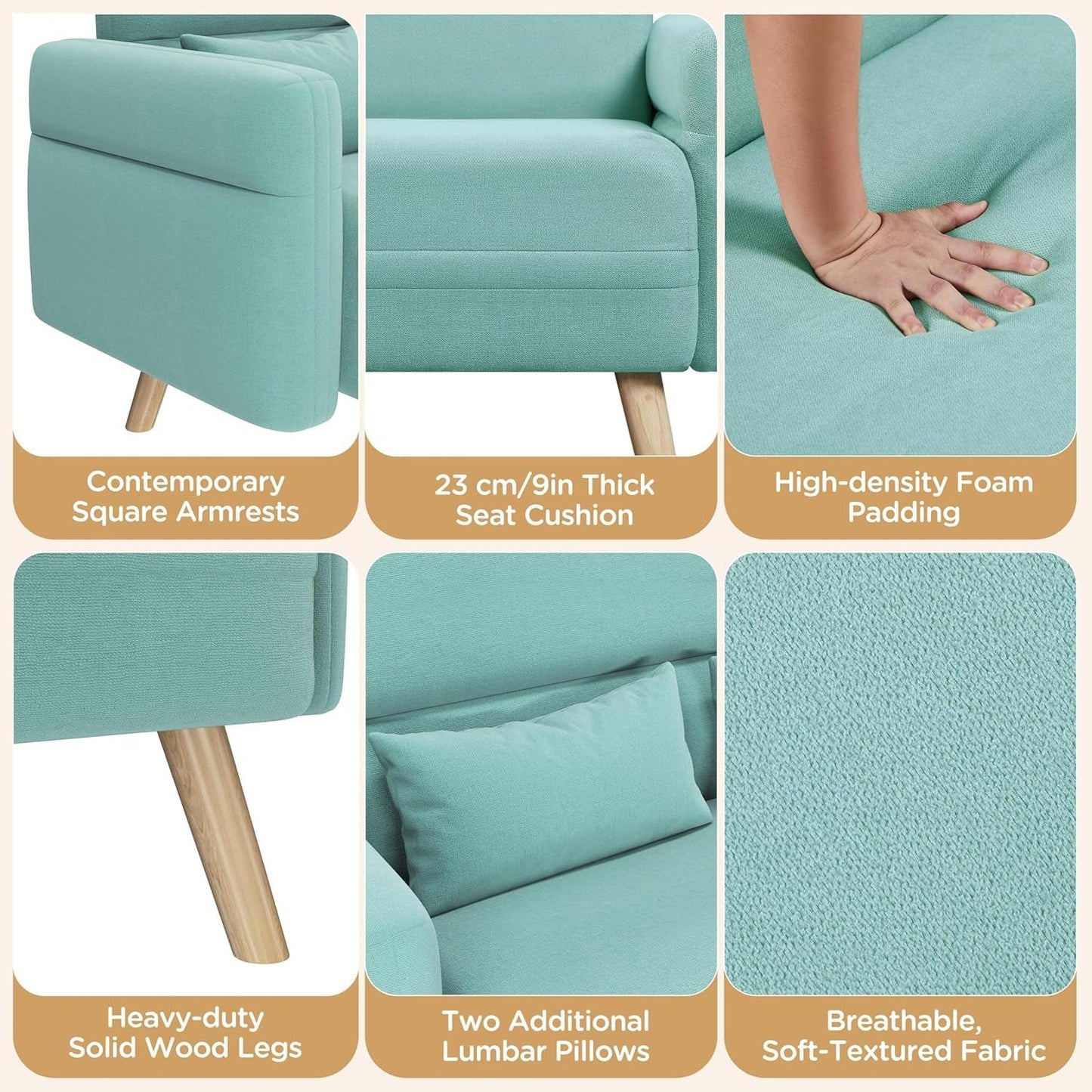 46" Small Modern Fabric Sofa Loveseat Mid Century 2 Seater Sofa Couch with Lumbar Pillows, Solid Wood Legs for Living Room, Small Space, Dorm, Office, Bedroom, Aquamarine-4