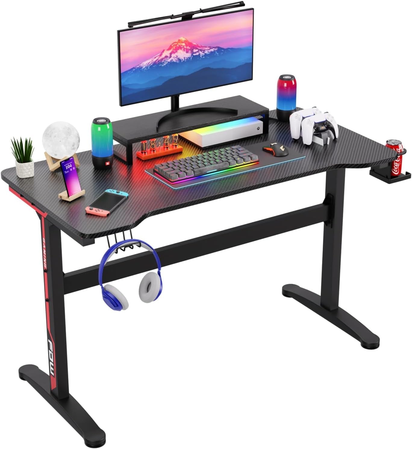 47 Inch Gaming Desk T-Shaped Computer Desk Racing Style Gamer Table with Cup Holder & Headphone Hook Office Desk Modern Workstation for Home Office & PC Gaming Setup-0